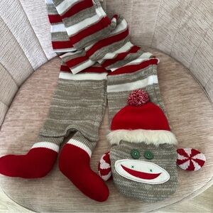 Christmas Sock Monkey Adult Winter Scarf With Knit Plush Feet, Button Eyes - 60"